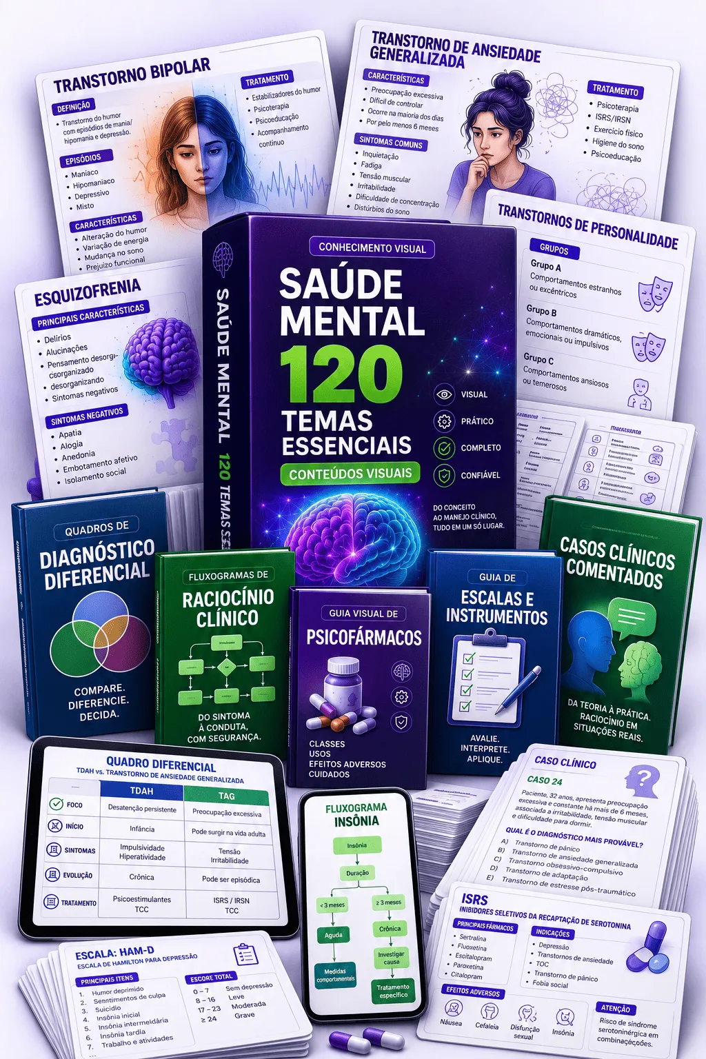 Guia Visual de Saúde Mental — 120 Temas Essenciais, com os materiais complementares e amostras de conteúdo ao redor